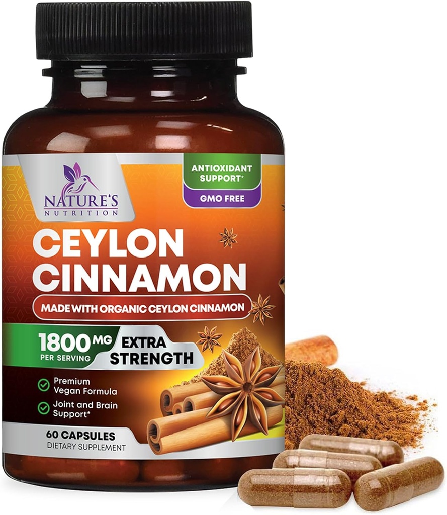 Organiczny Ceylon Cynamon suplement 1800mg - Certyfikowany Organiczny Ceylon Cynamon w proszku Pigułki - Energia i wsparcie serca dla kobiet i mężczyzn, Butelki w USA, Przeciwutleniacz, Gluten Free, Non-GMO - 60 Kapsułki