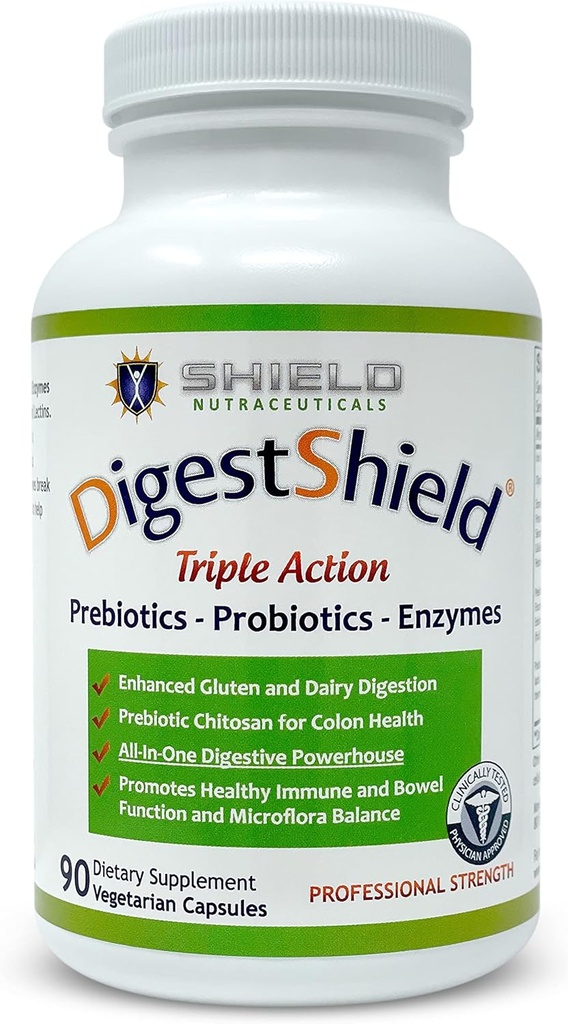 DigestShield ® Probiotic & Prebiotic Supplement + Enzymy trawienne, Beat the Bloat, Safely Digest Dairy, Gluten i Przetworzonych Żywność, Zmniejszenie wchłaniania tłuszczu z chitozanem, 90- Dostawy posiłków