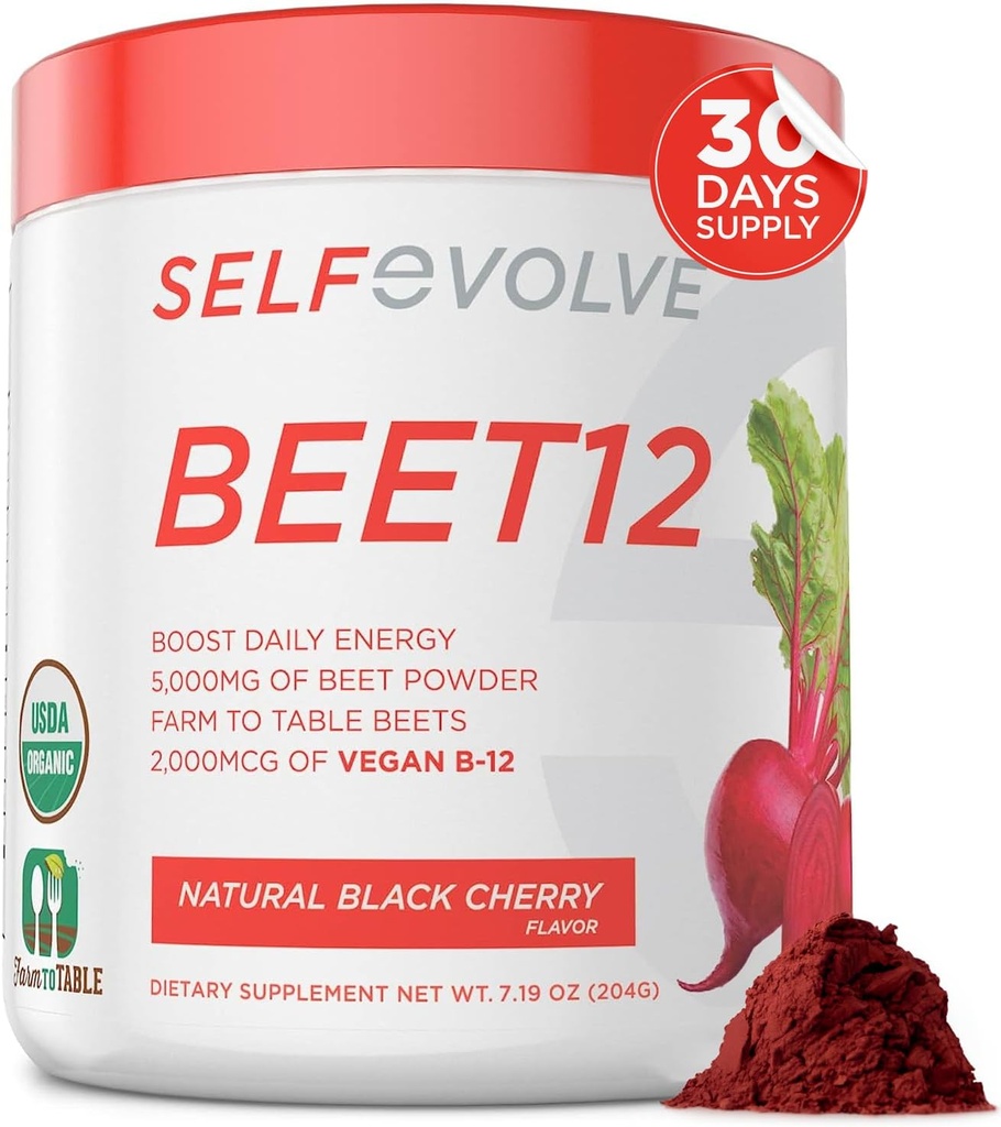 Samoewolucyjny Beet12 - Organiczny proszek korzeniowy buraków wzmocniony witaminą B12, Wzmacniacz tlenku azotu, Sok buraczany w proszku wsparcie naturalnej energii, Proszek buraczany z czarnego wiśniowego aromatu, 30 Służenia