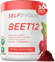 Samoewolucyjny Beet12 - Organiczny proszek korzeniowy buraków wzmocniony witaminą B12, Wzmacniacz tlenku azotu, Sok buraczany w proszku wsparcie naturalnej energii, Proszek buraczany z czarnego wiśniowego aromatu, 30 Służenia