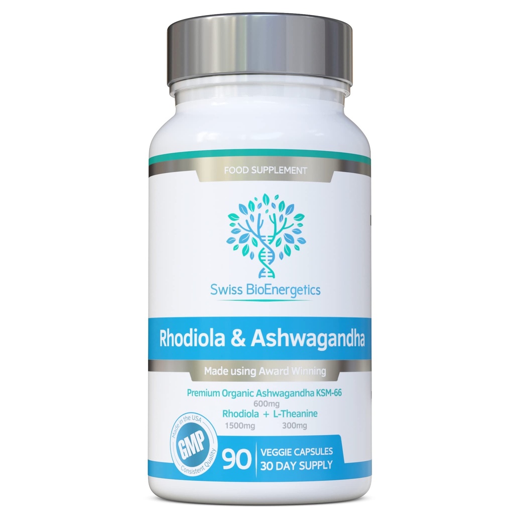 Rhodiola & Ashwagandha z L- Theanine - Award Winning Ashwagandha KSM- 66 600mg & 1500mg Rhodiola (3% Rosavins - 1% Salidrosides) Brak sztucznych wypełniaczy