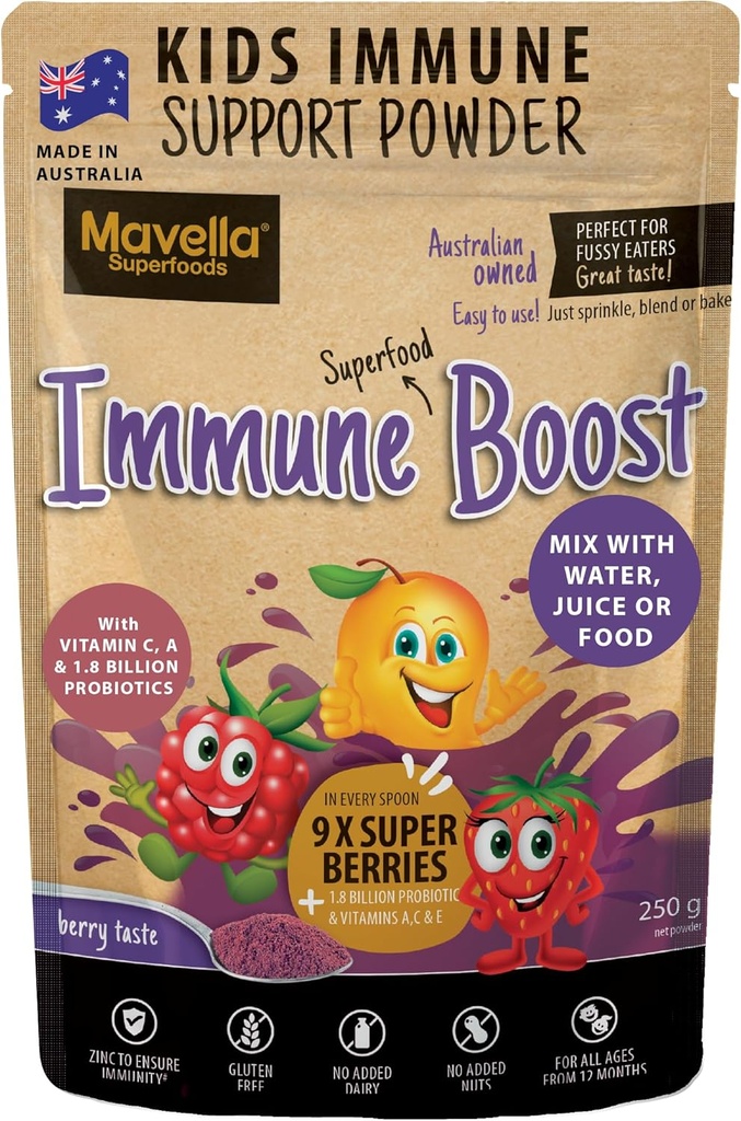 Proch wsparcia immunologicznego dla dzieci - Wsparcie systemu immunologicznego z witaminą C A + E, Magnezu i Probiotyki dla 9 Superberries - Berry Taste Gummies Alternatywne 8.82oz (250g)