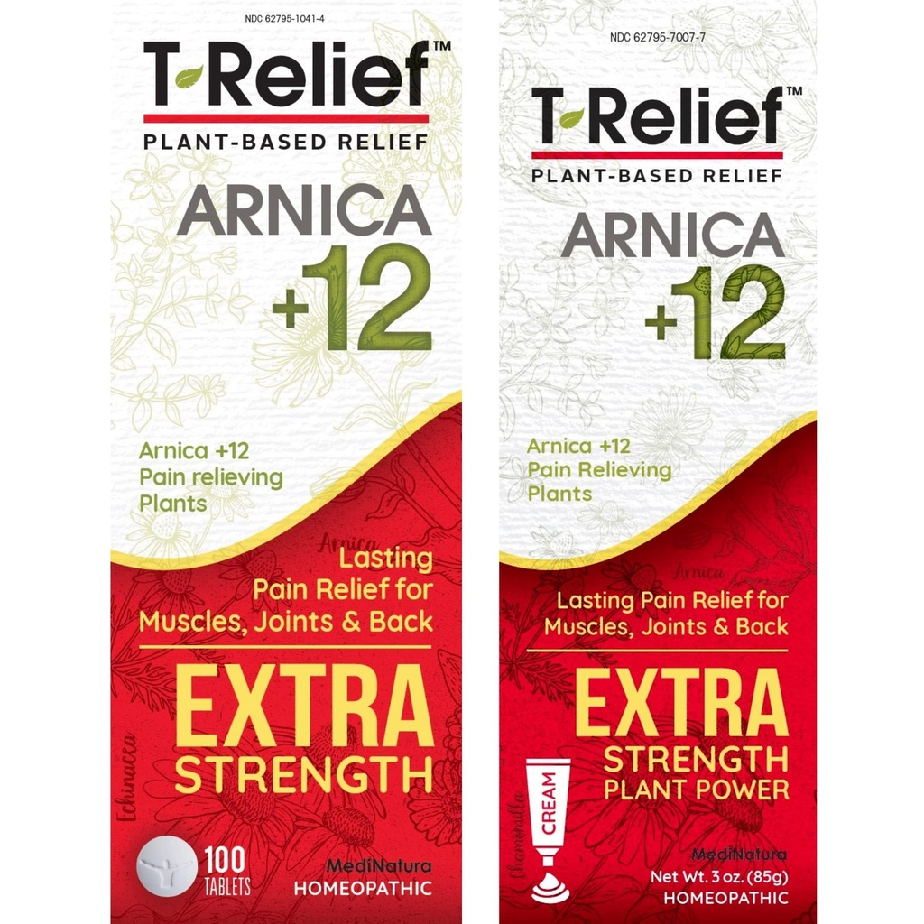 MediNatura T- Relief Extra Siła Relief Pain Relief Arnica + 12 Relievers Pain Based Plant 100ct Tablets T- Relief Extra Siła Relief 3oz Cream Bundle
