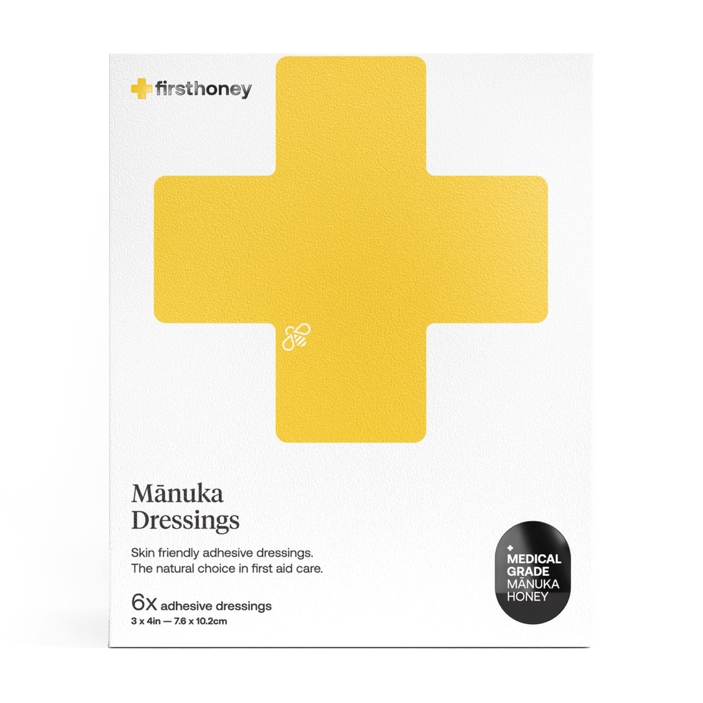 Pierwsza miód Manuka Miód Adhesive Bandaże 6 Pack 124; Latex Free, Antibiotic Free Range Dressing 124; Medyczny stopień Miód Adhesive Pads 124; Pierwsza pomoc Pielęgnacja, Cięcia, Scrapes, Rany, Lacerations