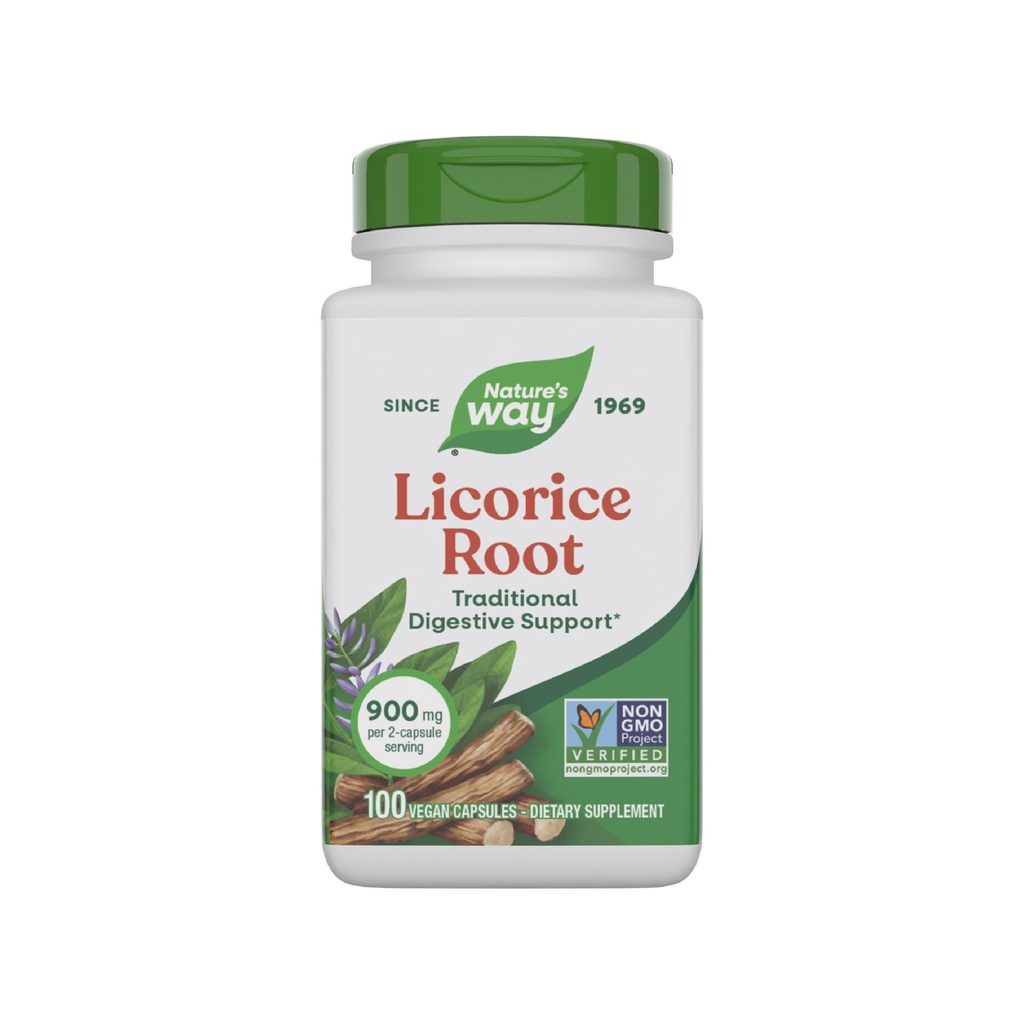 Nature 's Way Licorice Root, Tradycyjny suplement wsparcia trawiennego *, 900 mg na 2- Capsule Serving, Non-GMO Project Verified, 100 Vegan kapsułki (Opakowania maja Vary)