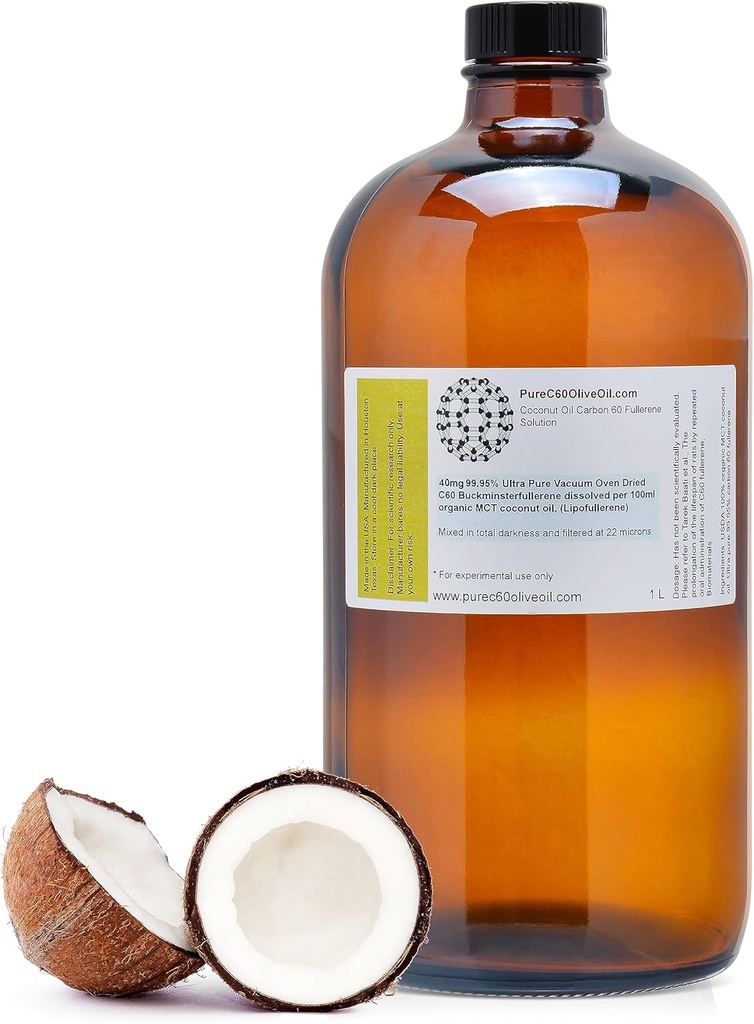 PureC60OliveOil C60 Organic MCT Coconut Oil 1L / 33.8 Fl Oz - 99,95% Carbon 60 Solvent Free 400mg - Amber Glass Bottle - Carbon 60 Coconut Oil - from The Leading Global Producer