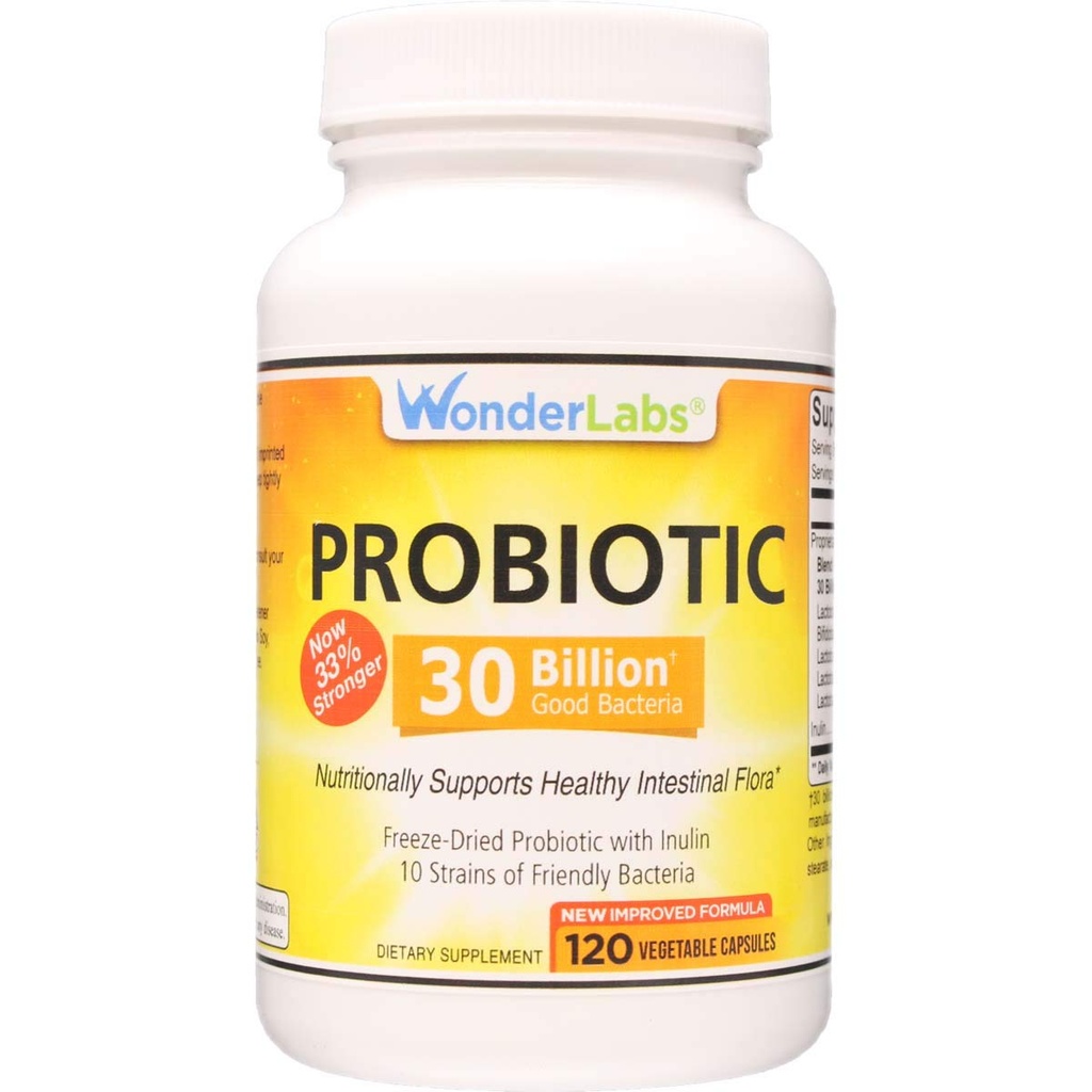 Wonder Laboratories Probiotic 30 Milion Dobre bakterie (8 Lactobacillus Strains i 2 Bifidobacterium Strains), Nutritional Support a Healthy Digestive System, 120 Kapsułki