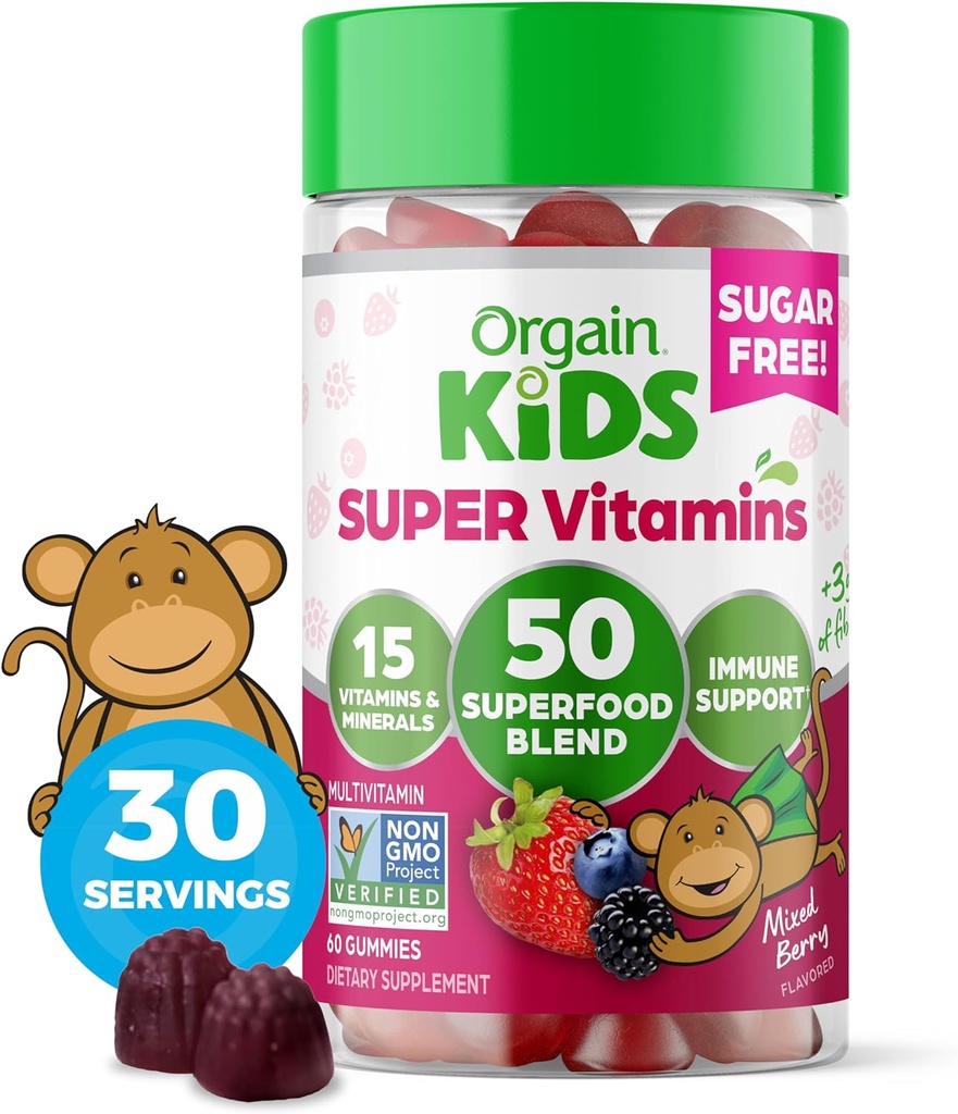 Orgain Kids Sugar Free Gummies Multivitamin, Wegan & Plant Based, 50 Superfoods, 15 Witaminy i Minerały, Wsparcie immunologiczne i 3g Fiber, Mieszane Berry, Wiek 4 +, 1 Miesiąc dostaw (60 Gummies)