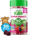 Orgain Kids Sugar Free Gummies Multivitamin, Wegan & Plant Based, 50 Superfoods, 15 Witaminy i Minerały, Wsparcie immunologiczne i 3g Fiber, Mieszane Berry, Wiek 4 +, 1 Miesiąc dostaw (60 Gummies)