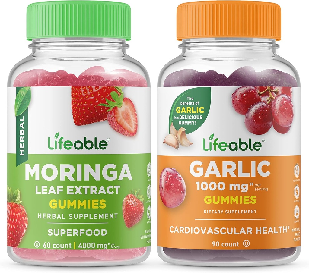 Live Moringa Leaf + czosnek 1000mg, Gummies Bundle - Great Desting, Suplement witaminy, Gluten Free, GMO Free, Gummy do żucia
