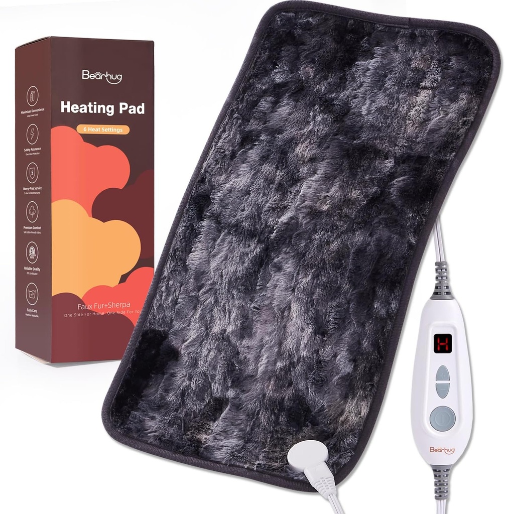 Bearhugh Electric Heating Pad 12 "x24" Podwójnie ogrzewane Faux Fur Pad, 6 poziomów ciepła, 2H Auto- Off, Moist & Dry Heat Therapy for Back Pain Relief, Pranie maszynowe, ETL Certified - Pudełko na prezenty