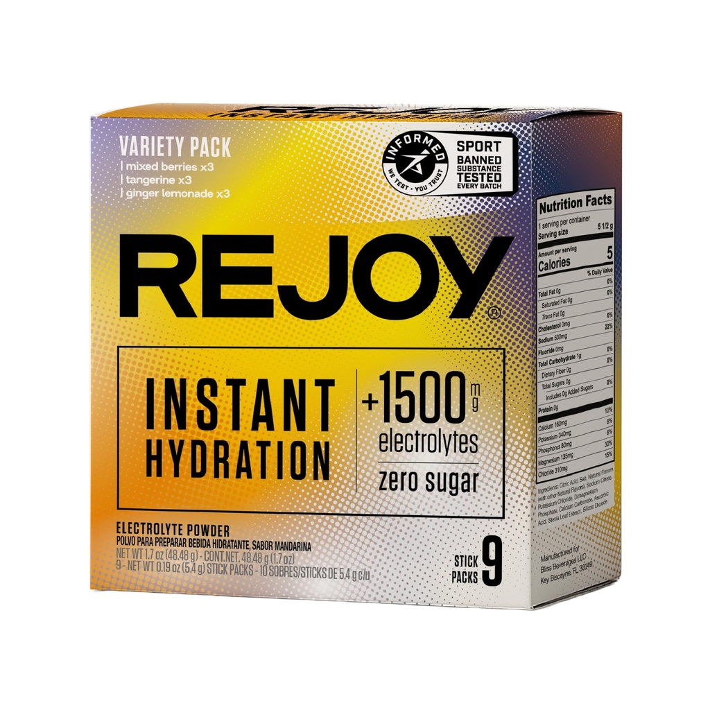 Rejoy - Pakiety proszkowe elektrolitów, 9 Sticks - Suplement Napoju Nawadniającego - Bezcukrowy, Keto i Paleo Friendly, Wegan, Non-GMO, Easy Open Single- Serving Stick (Pack Variety)
