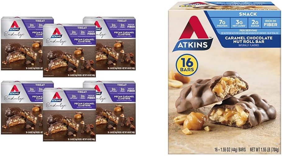 Atkins Pecan Karmel Clusterki 60 Count, Karmel Czekoladowy Nut Roll Snack Bar 16 Count