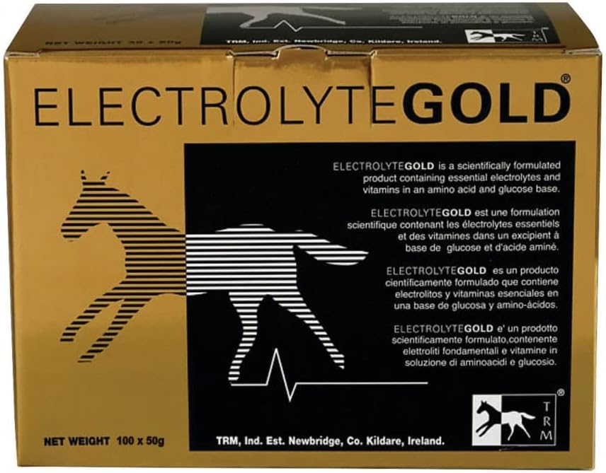 TRM Electrolyte Gold Performance Horse Feed Supplement for Electrolyte Replenishment | Combats Fatigue | Contains Vitamins C & E - 100 Qty x 1.76 oz (100 Qty x 50g) - 100 Qty x 1.76 oz