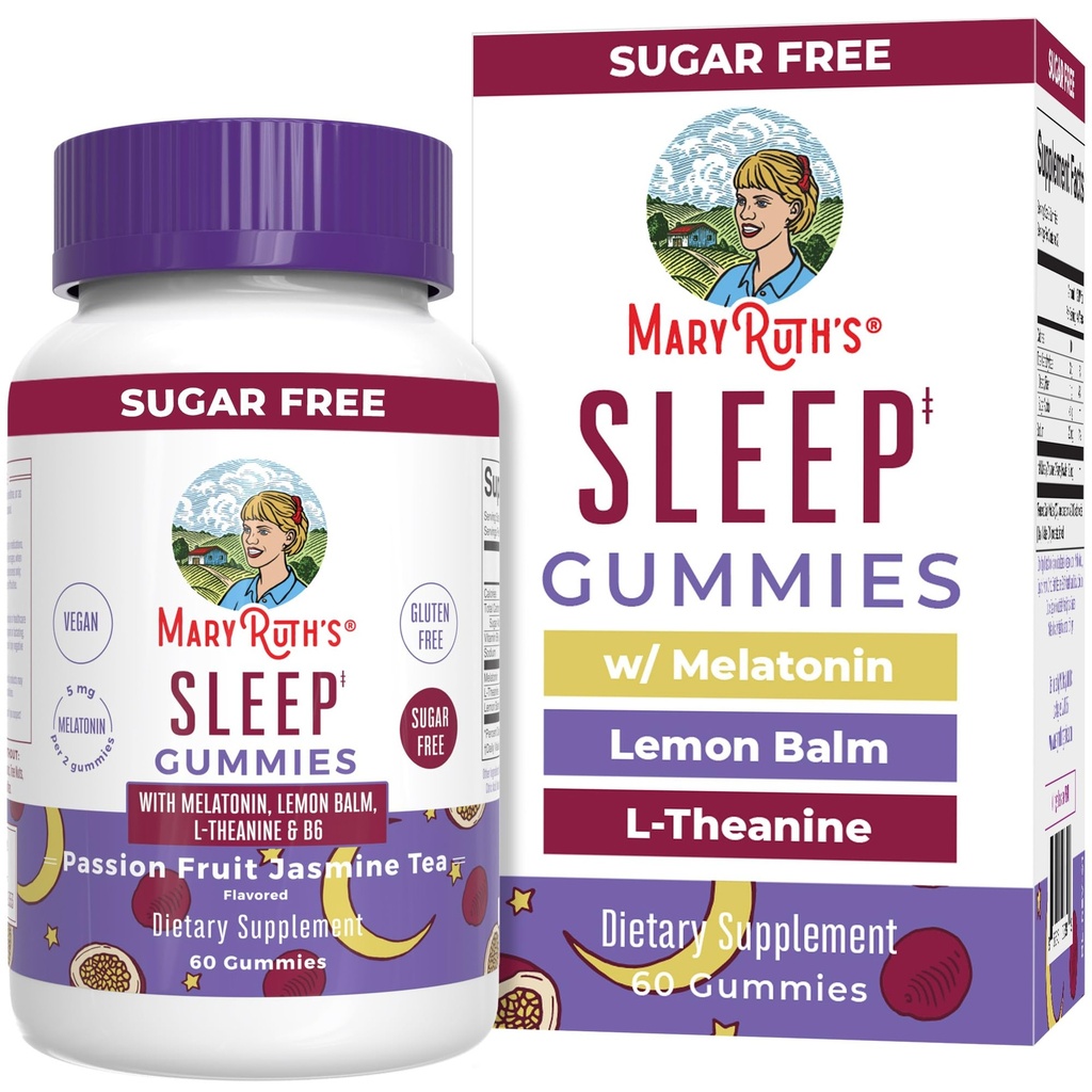 Melatonina MARYRUTH 5mg Gummy senne z L- Theanine 124; Balsam cytrynowy 124; Witamina B6 Bilans 124; Bezcukrowy 124; Relaksacja 124; Wegan 124; Non-GMO Bilans 124; Gluten Free 124; 60 Count