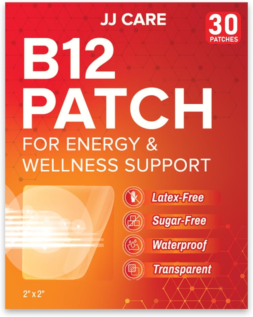 JJ CARE B12 Patch (Pack of 30), Self- Adhesive Natural Mix Topical Daily B12 Energy Patches, 1 Miesiąc dostaw