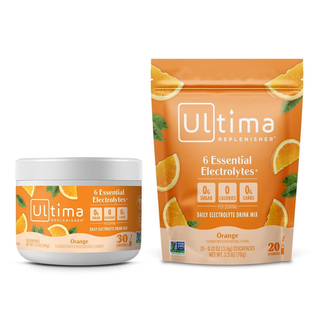 Ultima Replenisher Electrolyte w proszku zestaw do napojów - Cukier wolny - Pomarańcza, 30 Puszka do podawania i 20 Opakowania Stickpack - 6 Elektrolitów i Minerałów - Keto Friendly, Wegan, Non-GMO