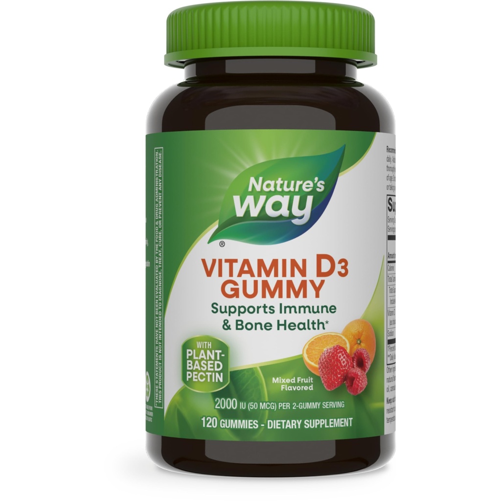 Nature 's Way Witamina D3 Gummies, Wspiera immunologiczne i kości Zdrowie *, 2000 j.m. (50 µg) na 2-gummy Serving, Witamina D3 2000j.m. na 2 Gummies, Mieszane owoce aromatyzowane, 120 Count