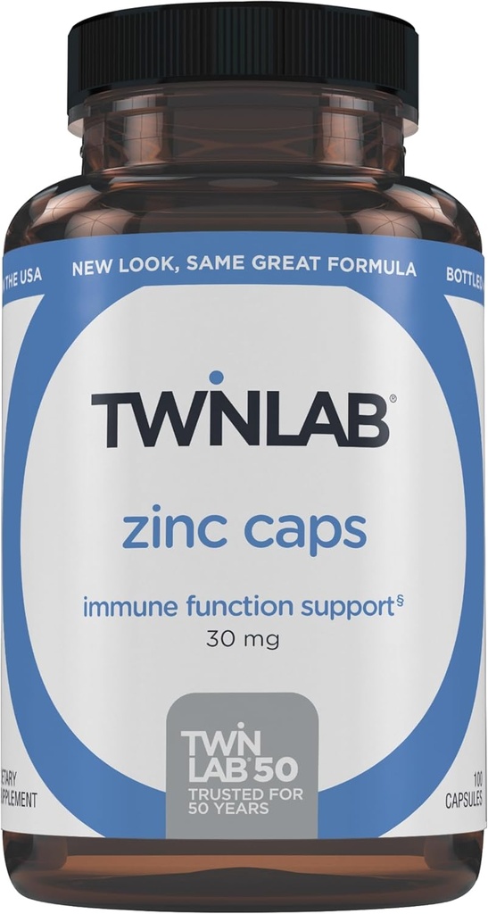Twinlab Czapki cynku - Wsparcie immunologiczne, Metabolizm, Pielęgnacja skóry, 100 Kapsułki