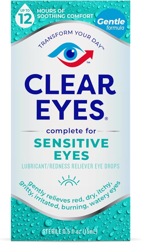 Clear Eyes Sensitive Eyes Eye Drops – Gentle Relief for Red, Itchy, Dry Eyes, 12 Hours of Soothing Comfort, 0.5 Fl Oz