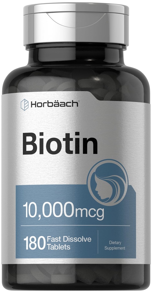 Horbäach Biotin 10000mcg Between 124; 180 Szybkie Rozpuszczalne Tabletki dla kobiet i mężczyzn 124; Suplement kosmetyczny Between 124; Wegetarian, Non-GMO, Gluten Free