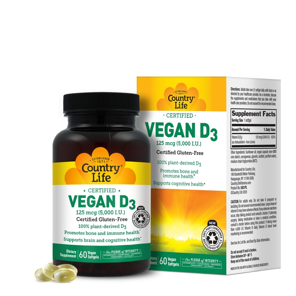 Country Life Vegan D3 5000 IU - Plant- derived Witamina D3 z Lichen - Wysoka moc immunologiczna i wsparcie kości - Certified Vegan, Gluten- Free, Non-GMO - 60 Softgels
