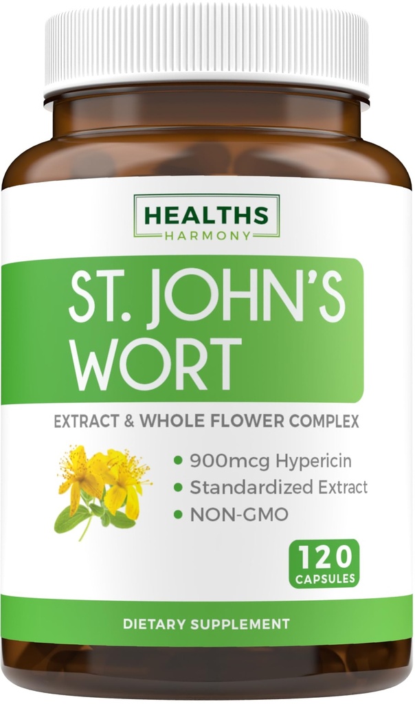 Kapsułki dziurawca zwyczajnego - Potężny i mocny ekstrakt z dziurawca zwyczajnego i kompleks całego zioła zwyczajnego (ang. Whole Herb Complex) - Znormalizowany do 900mcg Hypericin dla zbalansowania Codzienne wsparcie nastrojów - Vegan Non-GMO & Lab Verified (120 Caps)