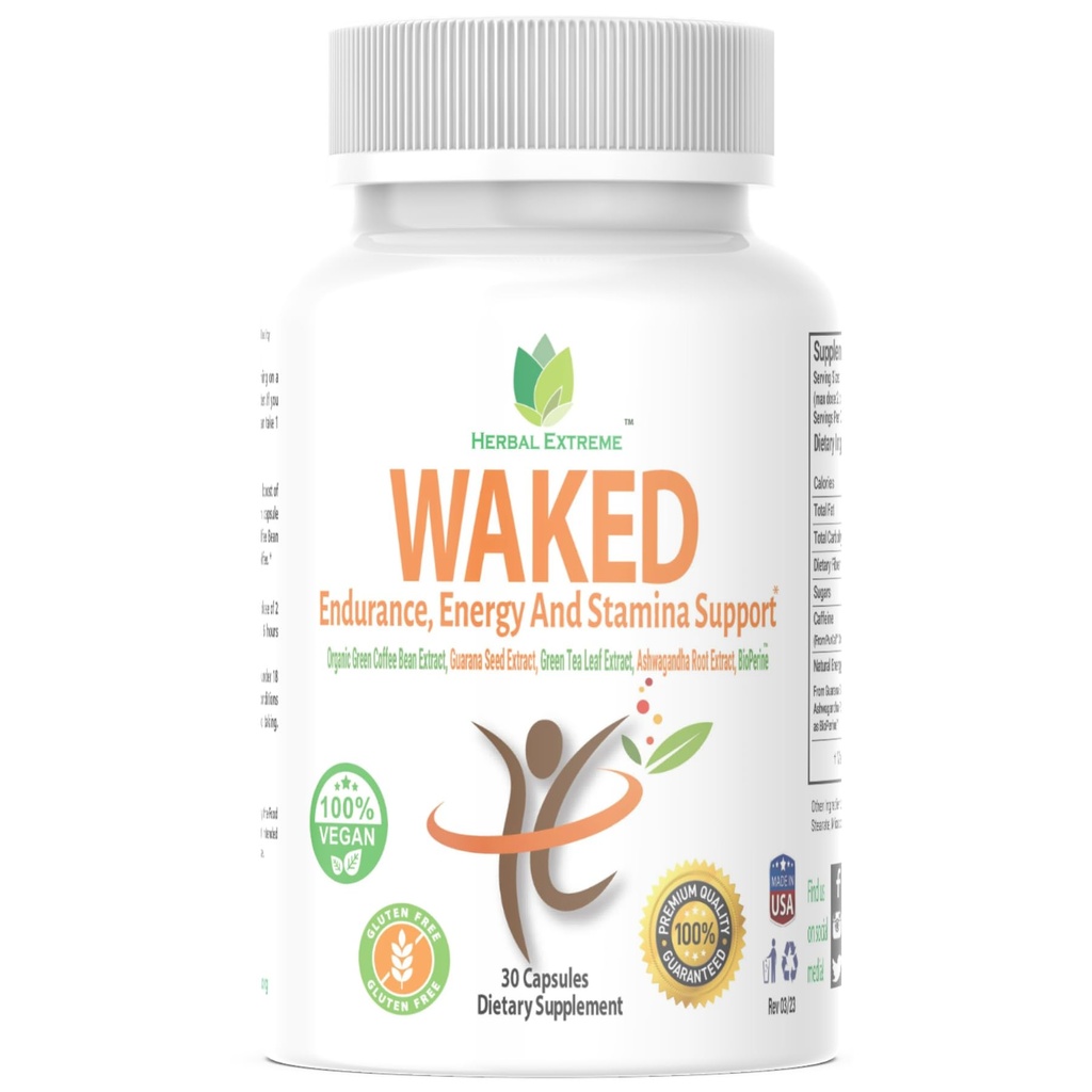 Waked Endurance, Energy And Stamina Support 30 Capsules Organic Green Coffee Bean Extract, Guarana Seed Extract, Green Tea Leaf Extract, Ashwagandha Root Extract oraz Black Pepper Extract as BioPerine