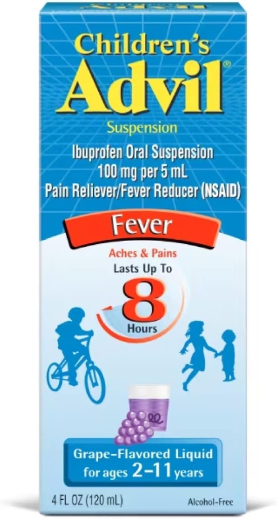 Zawiesina Advil dla dzieci Ibuprofen 100mg Szybki ból Reliever i Fever Reducer Ostatnie do 8 Hours Grape Flavor Płyn dla wieków 2 do 11 Lat - 3 opakowania 4 FL Oz Butelki