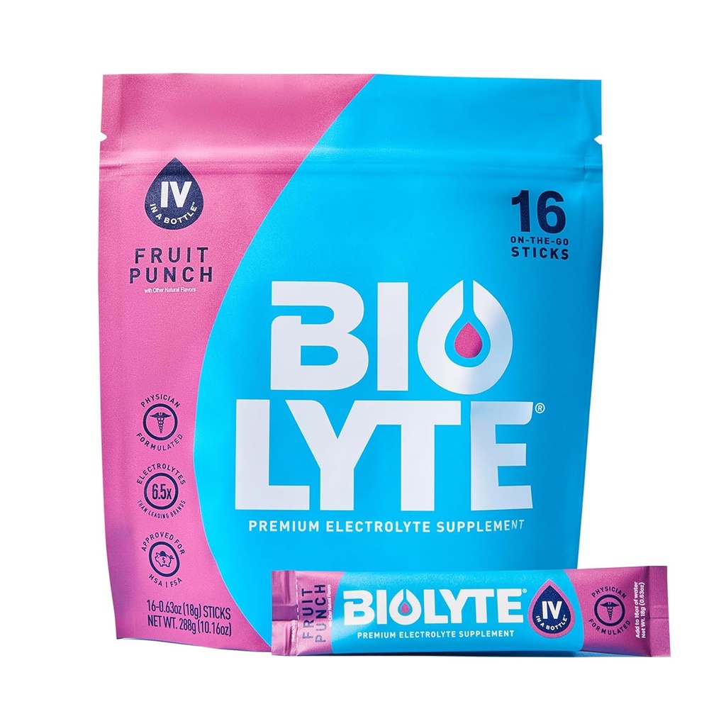 BIOLITE IV Pakiety proszku elektrolitu, IV Mieszanka napoju płynnego do wody, Nawodnienie Doktorowe, HSA & FSA Zatwierdzone odwadnianie, Chemioterapia Musi Hakes dla kobiet, Men- Fruit Punch (16 Sticks)