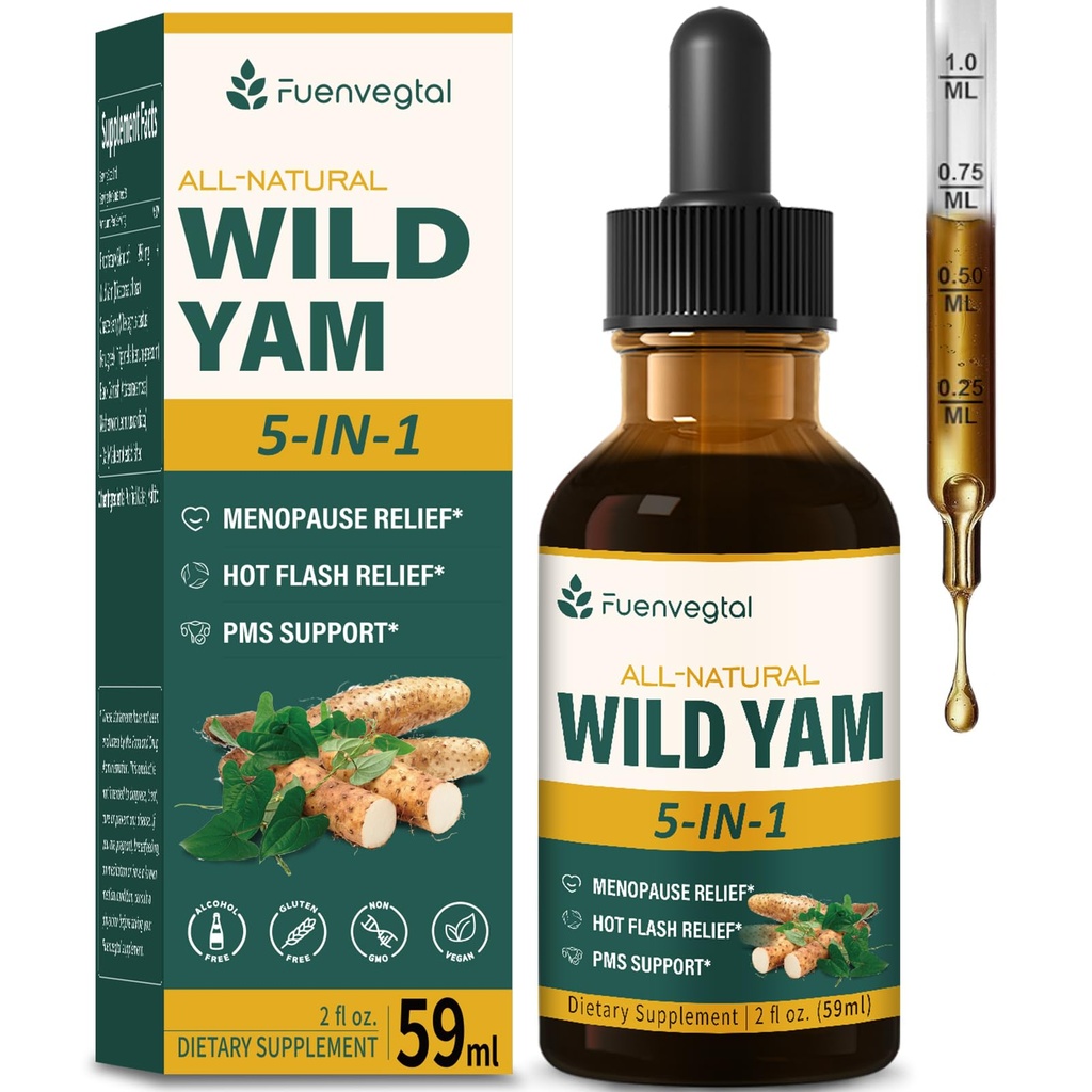 Wild Yam Root Extract Drops, Suplement dla kobiet z kozieradką & Herb Motherwort dla menopauzy ulgi i wsparcia PMS. Fenogreco y Ñame Salvaje para la Menopausia. 2oz
