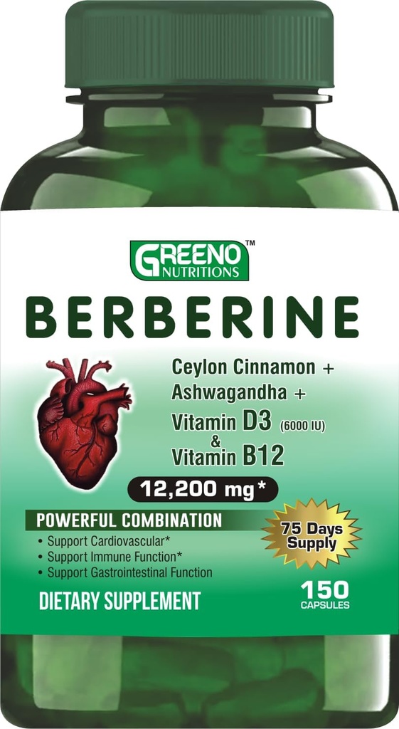 Berberine 12200mg z Ceylon Cynamon Aszwagandha Witamina D13 + Witamina B12 Immune Heart Support - 75 Days Supply -150 Count (Pack of 1)