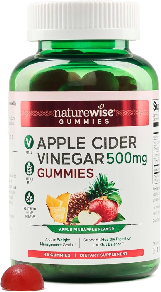 NatureWise Jabłko Cydr Gummie - 1000mg ACV na 2 + Witamina B12 - Pektyna Wegańska, Bez glutenu, Nie-GMO - 60 Count [30- Day Supply for 1000mg lub 2- Month Supply for 500mg]