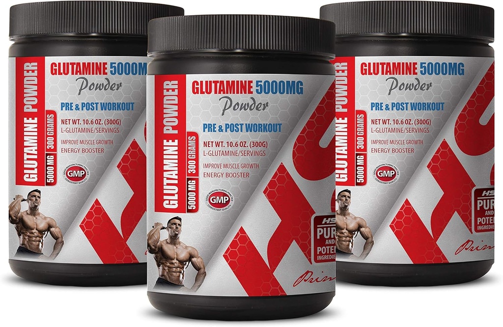 Najlepszy suplement do pompy mięśniowej - PRE & Post Workout - GLUTAMINE proszek 5000MG - suplement diety glutaminy - 3 Puszki 900 gramów