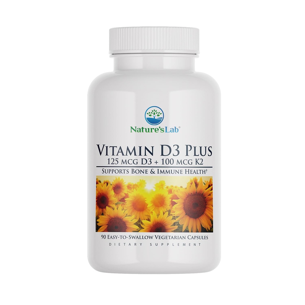 Natural 's Lab Witamina D3 Plus - Zawiera witaminy D3 i K2 (MK7) na wsparcie immunologiczne, Zdrowe kości i zdrowie układu sercowo-naczyniowego * - Gluten Free, Non GMO - 90 Kapsułki (3 Month Supply)