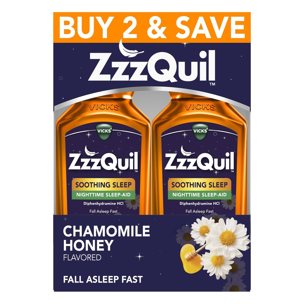 ZzzQuil Liquid Sleep Aid, Soothing Sleep, Difenhydramine 50mg HCl, Rumianek Honey Flavored, Nighttime Sleep Aid Liquid, Sen Aid dla dorosłych, 2 Pack, 24 FL OZ