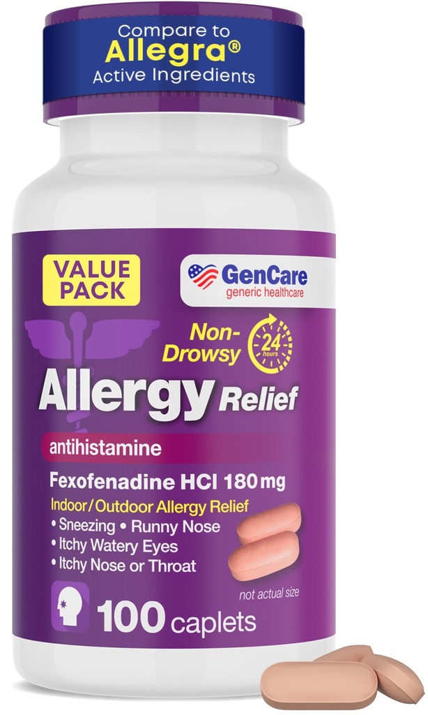 GenCare Allergy Relief Pills - Fexofenadyna 180mg 24 Hour Non- Drowsy Allergy Medicine Antihistamine, Porównaj z Allegra 24 Hour Non Drowsy Pills for Itchy Eyes, Runny Nos, Hives (100 Hrabia)