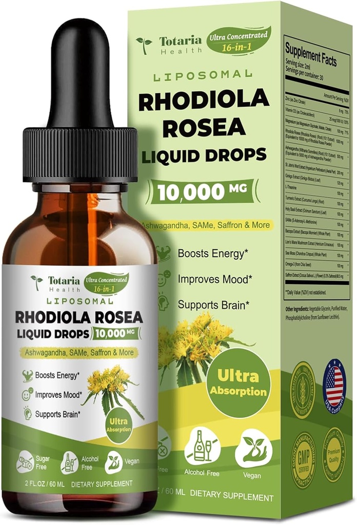Totaria Liposomal Rhodiola Rosea nalewka 16 w 1, w / Ashwagandha, L- Theanine, Szaffron, Ultra Siła Cortisol Suplement z Rhodiola Rosea, Magnezu