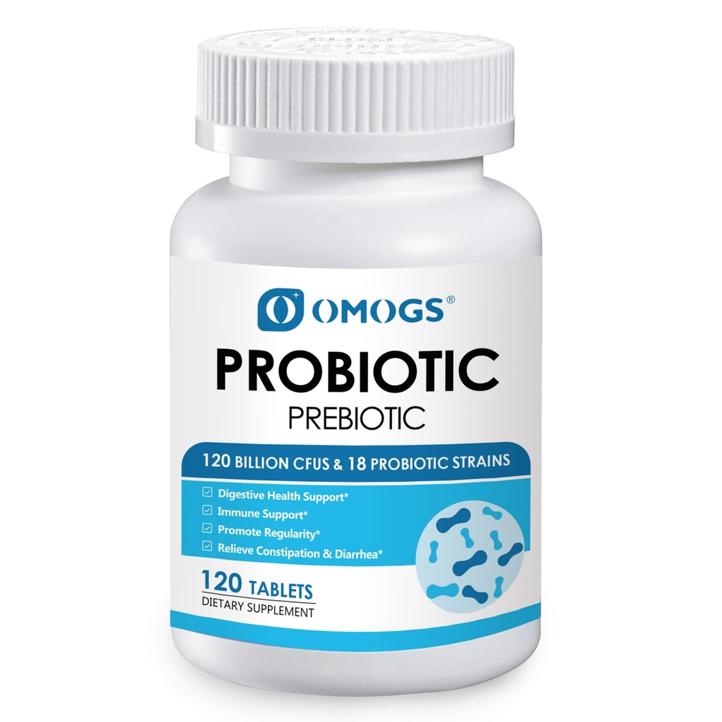 OMOGS Probiotyka 90 Miliard CFU 18 Szczepy, z 3 Organiczne Prebiotyki & Witamina C, Suplement odżywczy dla kobiet, Mężczyźni i dzieci, Wsparcie Metabolizm, Immunitet i zdrowie pokarmowe, Non-GMO, 90 Tabletki
