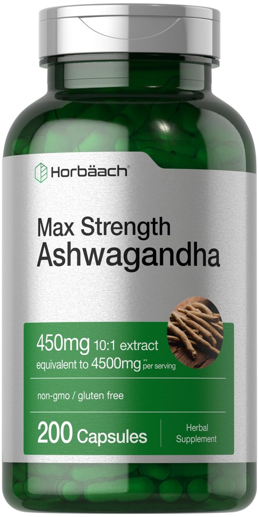 Horbäach Ashwagandha Supplement Equipment 124; Max Siła Equipment 124; 200 Kapsułki Equipment 124; dla kobiet i mężczyzn Equipment 124; Non-GMO, Gluten Free