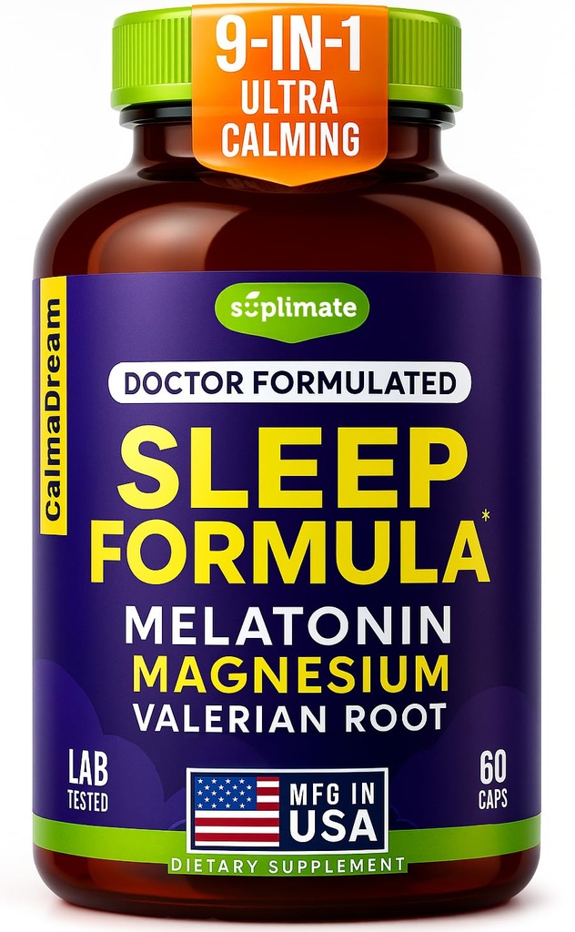9- in-1 Melatonina Sleep Aid dla dorosłych - USA Made, Lab Tested with Melatonin 5mg and 108mg Magnez for Sleep - TRAACS, Ashwagandha, Valerian Root, GABA, 5HTP, Herbal Sleep Supplement, Wegan, 60 Caps