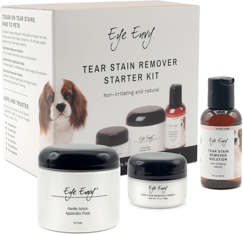 Eye Envy Dog Tear Plain Remover Starter Kit. 100% Naturalny, Bezpieczny. Zawiera: Plaster Solution, Aplikator Pads, i Plain Powder. Zestaw Tear Plain Treatment Kit. Trwa 30- 45 Dni. Wyprodukowane w USA