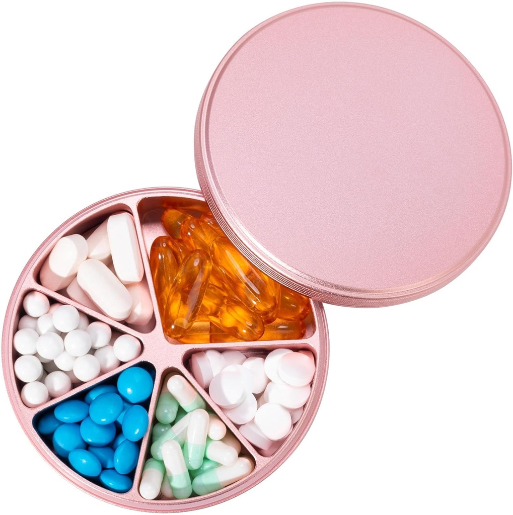 Pill Organizator 6 Komory Pill Dispenser - Heavy Duty Metal Pill Container Daily Pill Container, Daily Pill Box Pill Holder, Waterproof Medication Case for witaminy Supplement Medicine Fish Oils, 0,38lb, Pink