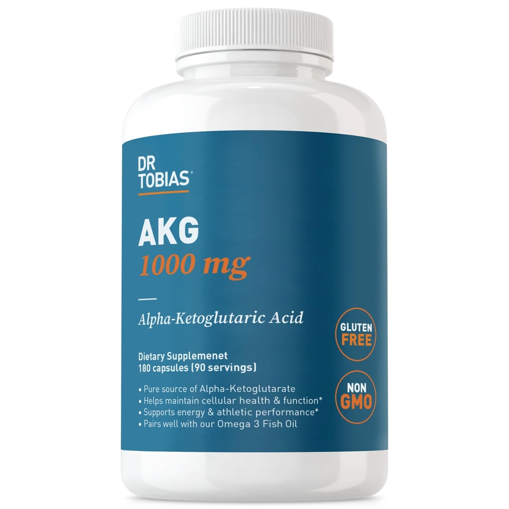 Dr Tobias AKG Suplement 1000mg Per Serving, Biodostępny kwas ketoglutarowy alfa, Wspiera energię komórkową i tlenek azotu Flow, Wegan, Gluten- Free, Non-GMO, 180 Kapsułki, 90 Słupki