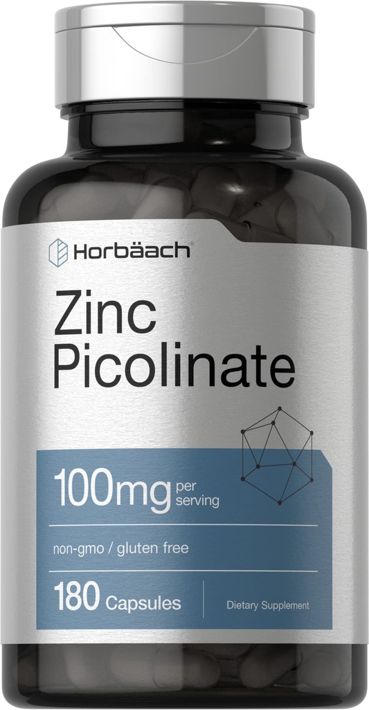 Horbäach Pikolinate cynku 100 mg 124; 180 Kapsułek 124; Wysoka potencja 124; Nie-GMO, Gluten wolny 124; Suplement cynku