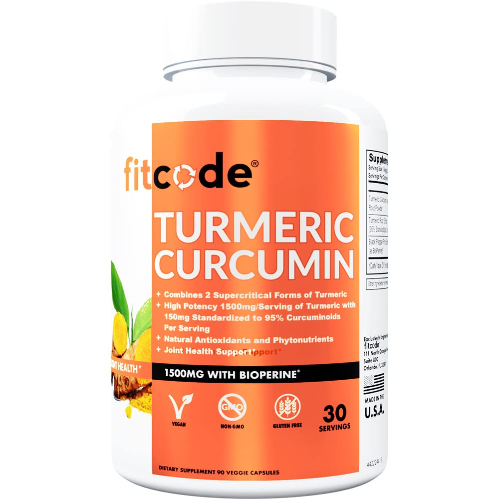fitcode Kurkumina Turmerowa z 95% Kurkuminoidy, Najwyższa Potliwość, Non-GMO, Gluten Free, 1500mg Ultra- Czysta Kurkumina Turmerowa z BioPerine do zwiększenia wchłaniania, 30 Podawanie Kapsułki wegetariańskie