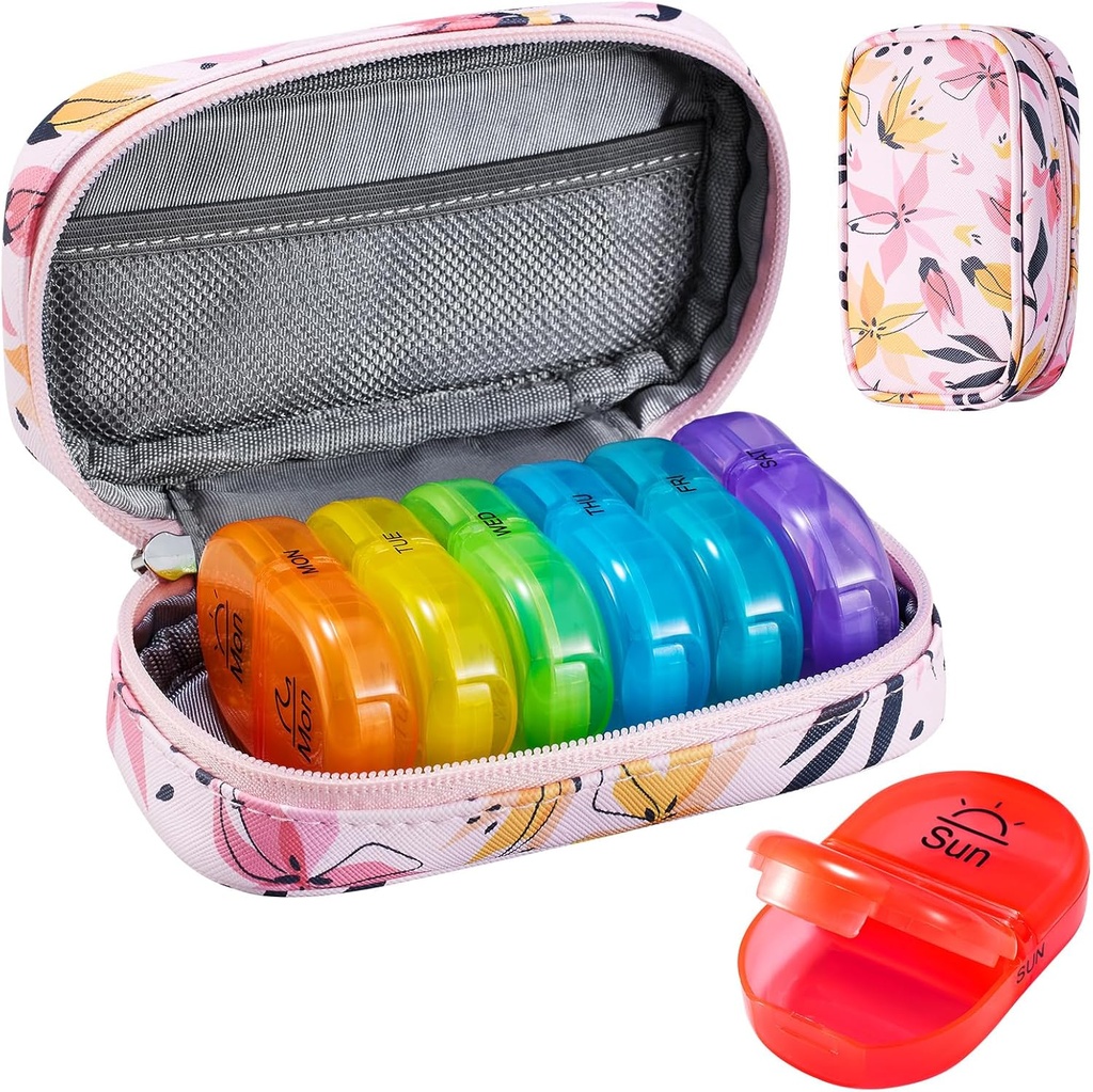 Serfeymi Cotygodniowy Travel Pill Organizator 2 razy w ciągu dnia PM Zmodernizowany Rainbow Pill Box 7 Dzień z przenośnym Zipper PU Leather Pill Case, Medicine Organizer for Pills, Witaminy, Oleje rybne - różowy 03