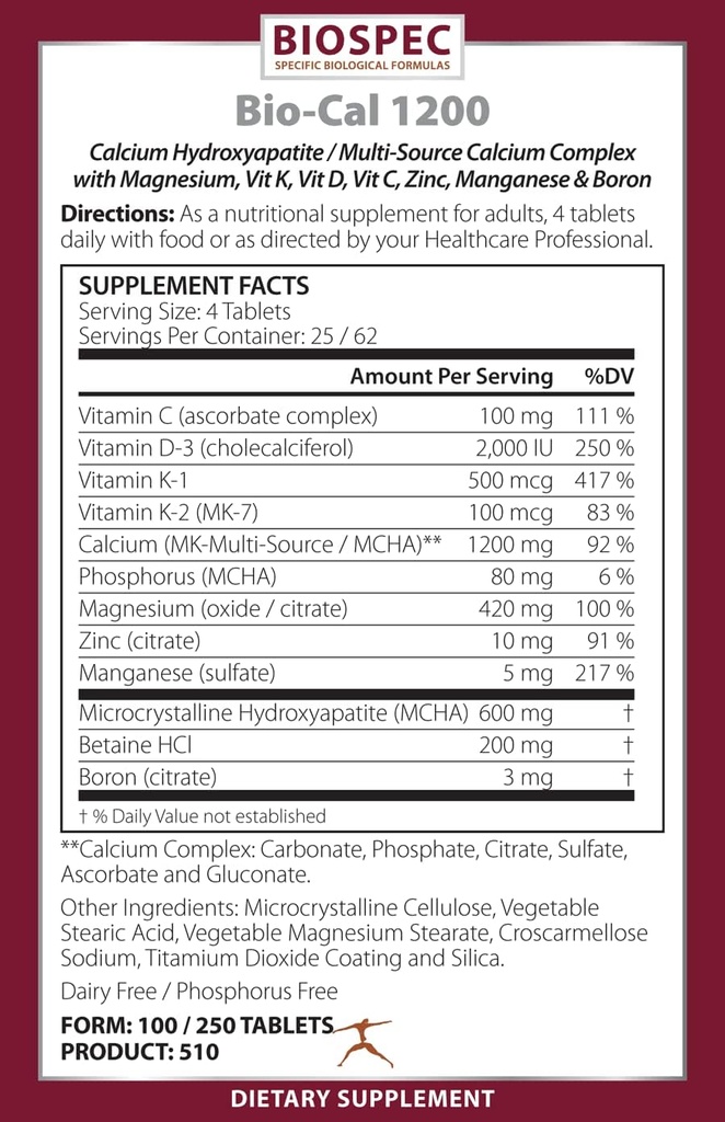 Bio- Cal 1200 - Superior Bone Support Complex w / MCHA, witaminy D3, witaminy K2 (MK- 7), magnezu, cynku i innych składników odżywczych