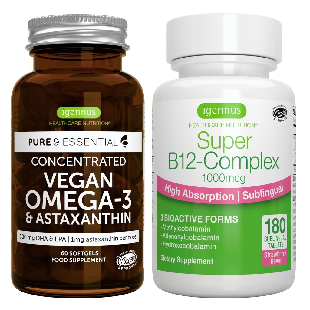 Wegan Omega-3 + Super B12- Complex 1000mcg Wegan Bundle, Zrównoważona EPA & DHA Algae Oil 1340mg + Wysoka Absorpcja Podjęzykowa Witamina B12 Z Methylcobalamina, Adenozylcobalamina i Hydroksokobalamina, przez I