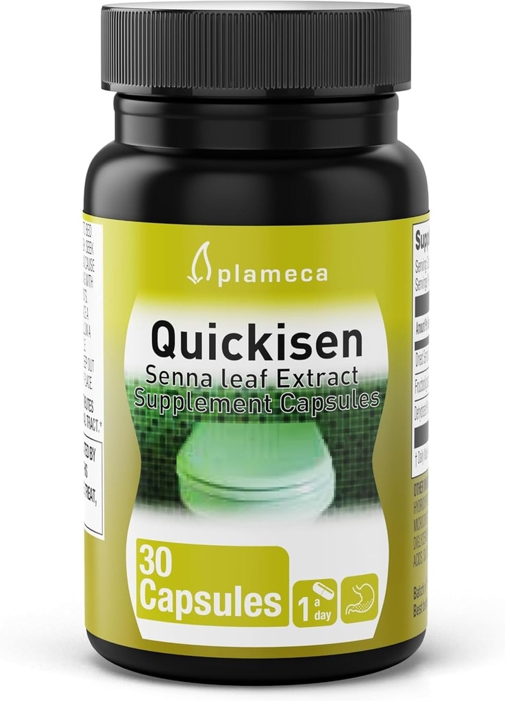 Plameca Quickisen Laxative kapsułki, Ulga od sporadycznych zaparć, Natural Senna Extract, Wspiera Zdrowie jelit, Suplement diety Gluten- Free i Dairy-Free, 30 Kapsułki